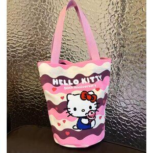Hello Kitty 50th Anniversary Bucket Tote Bag – Cute Canvas Handbag, Pink Cartoon